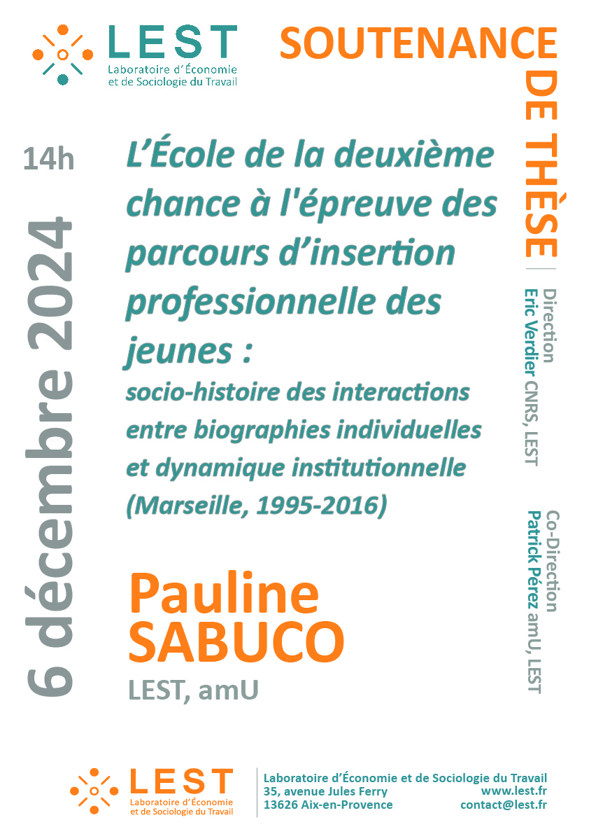 Pauline Sabuco, doctorante en sociologie, va soutenir sa thèse intitulée "L’École de la Deuxième Chance à l'épreuve des parcours des jeunes : 20 ans d'interactions entre biographies individuelles et dynamique institutionnelle (Marseille, 1995-2016)", sous la direction d'Eric Verdier (LEST, CNRS) & Patrick Pérez (LEST, amU).