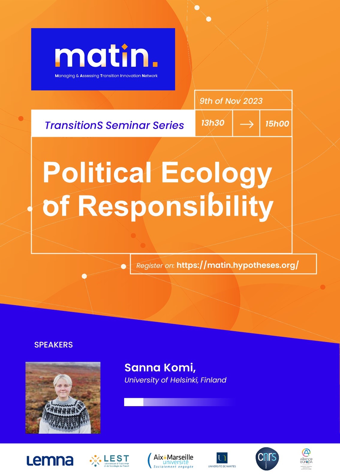 On the 9th of November 2023, 13h30-15h00 CET, we will have the pleasure to open our new seminar season with a presentation by Sanna Komi (University of Helsinki), on Wolf conservation, political ecology and multi-species justice