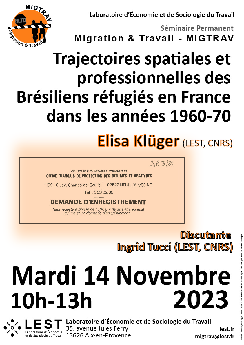Elisa Klüger (LEST, CNRS) interviendra avec la communication intitulée "Trajectoires spatiales et professionnelles des Brésiliens réfugiés en France dans les années 1960-70".