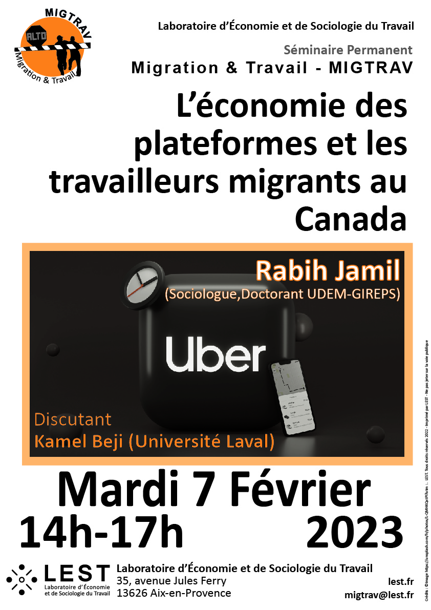 📅 7 février. Séminaire Migration & Travail (MigTrav) au LEST :  Rabih Jamil (sociologue, doctorant UDEM-GIREPS) L'économie des plateformes et les travailleurs migrants au Canada. Discutant : Kamel Beji (Université Laval) 👇https://lest.fr/fr/activites-scientifiques/2023/02/07/lest/leconomie-plateformes-et-les-travailleurs-migrants-au-canada