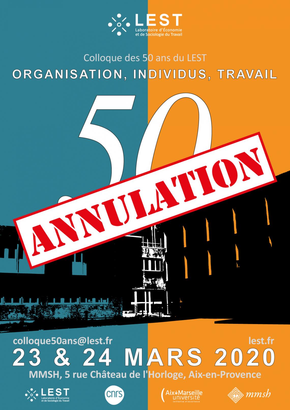 ANNULATION Colloque 50 ans du LEST "Organisation, Individus, Travail"