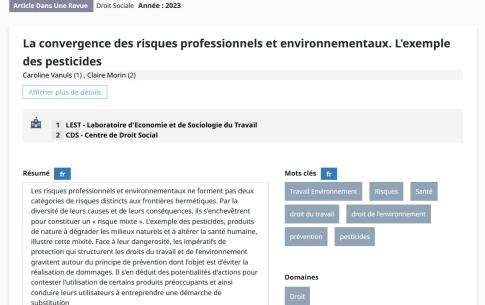 Caroline Vanuls, Claire Morin. La convergence des risques professionnels et environnementaux. L'exemple des pesticides. Droit Social, 2023, 2, pp.114